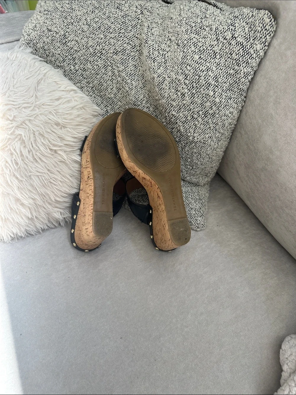 Tommy Hilfiger Black Leather Cork Wedge Sandals with Gold Buckle